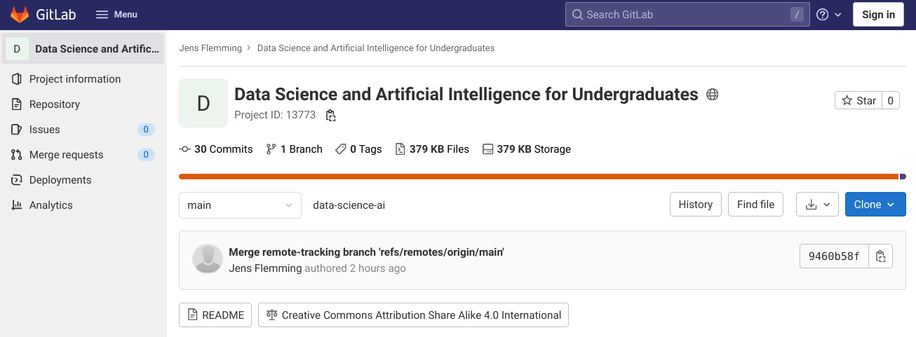 screenshot of the book's GitLab page appearing after clicking the repository button