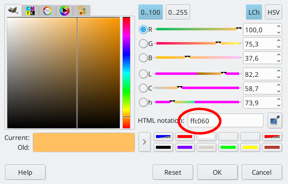 screenshot of color selection window with highlighted hexadecimal color value