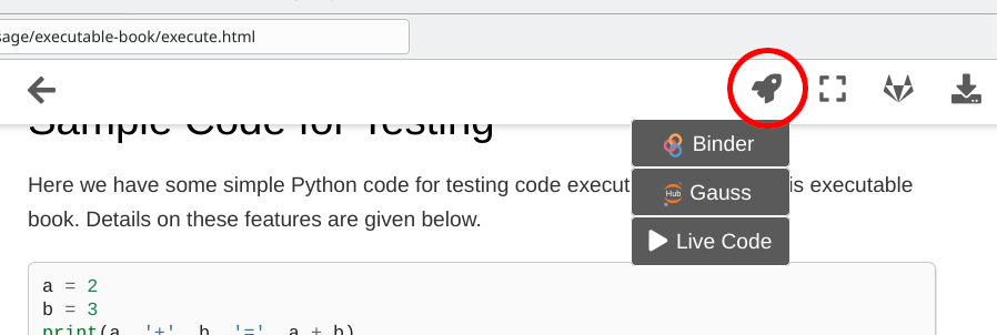 screenshot of HTML rendering while hovering over launch button, menu shows options Binder, Gauss, Live Code