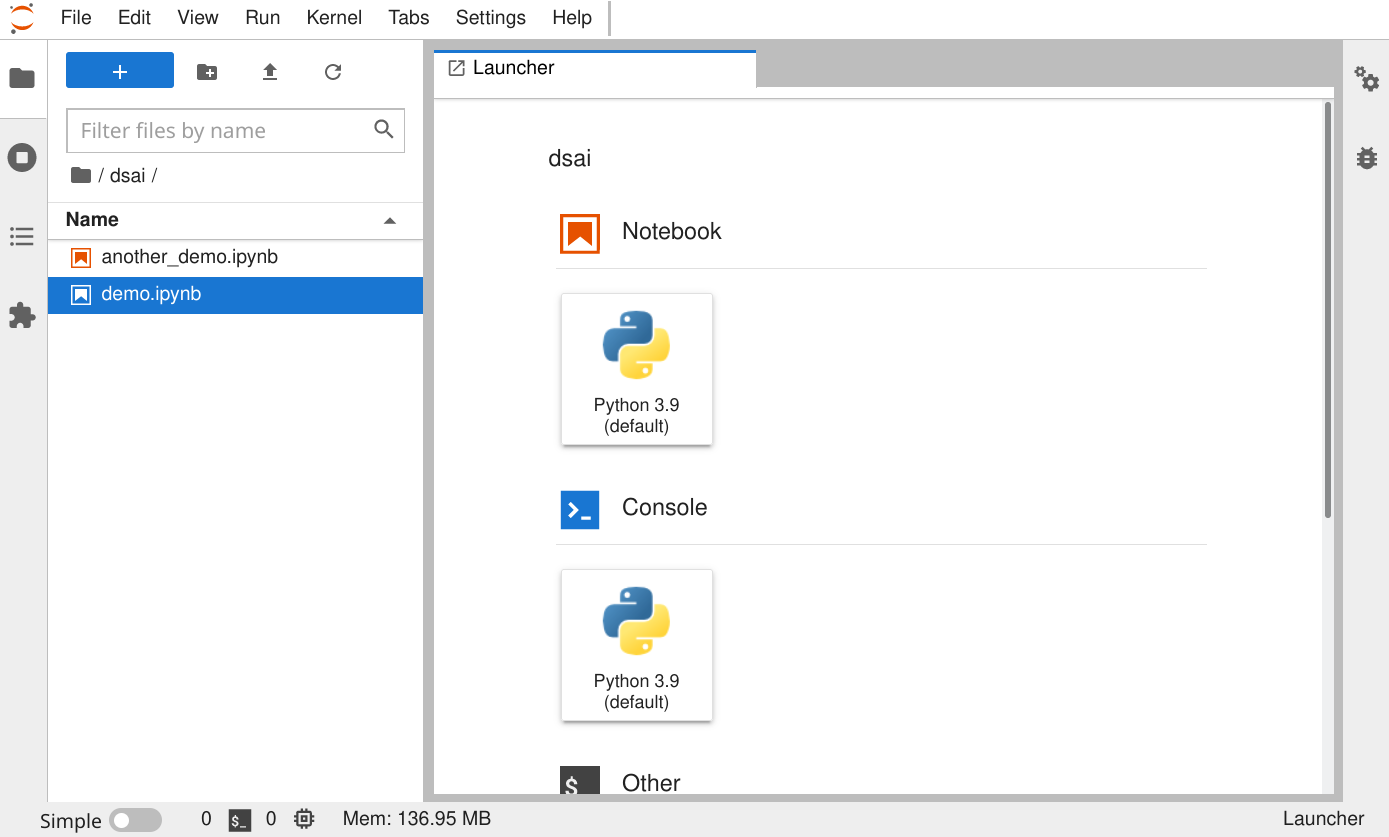 screenshot of JupyterLab after start-up