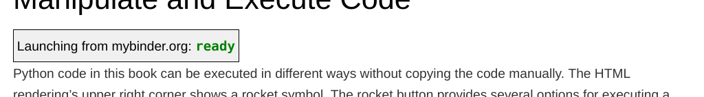 screenshot of HTML rendering after lauching Live Code, the info box says that the Python kernel is ready