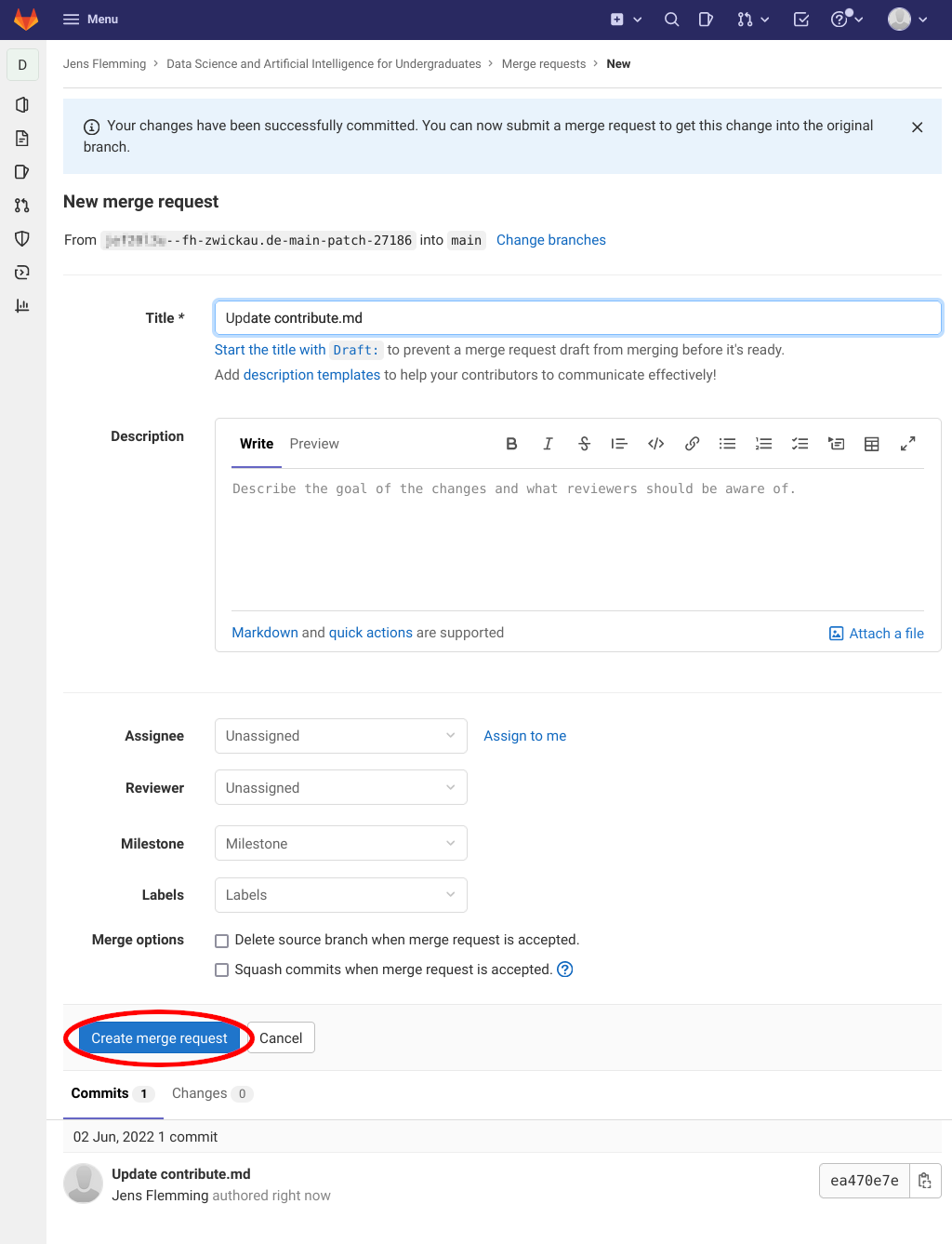 screenshot of the book's GitLab page for creating a merge request with highlighted 'Create merge request' button
