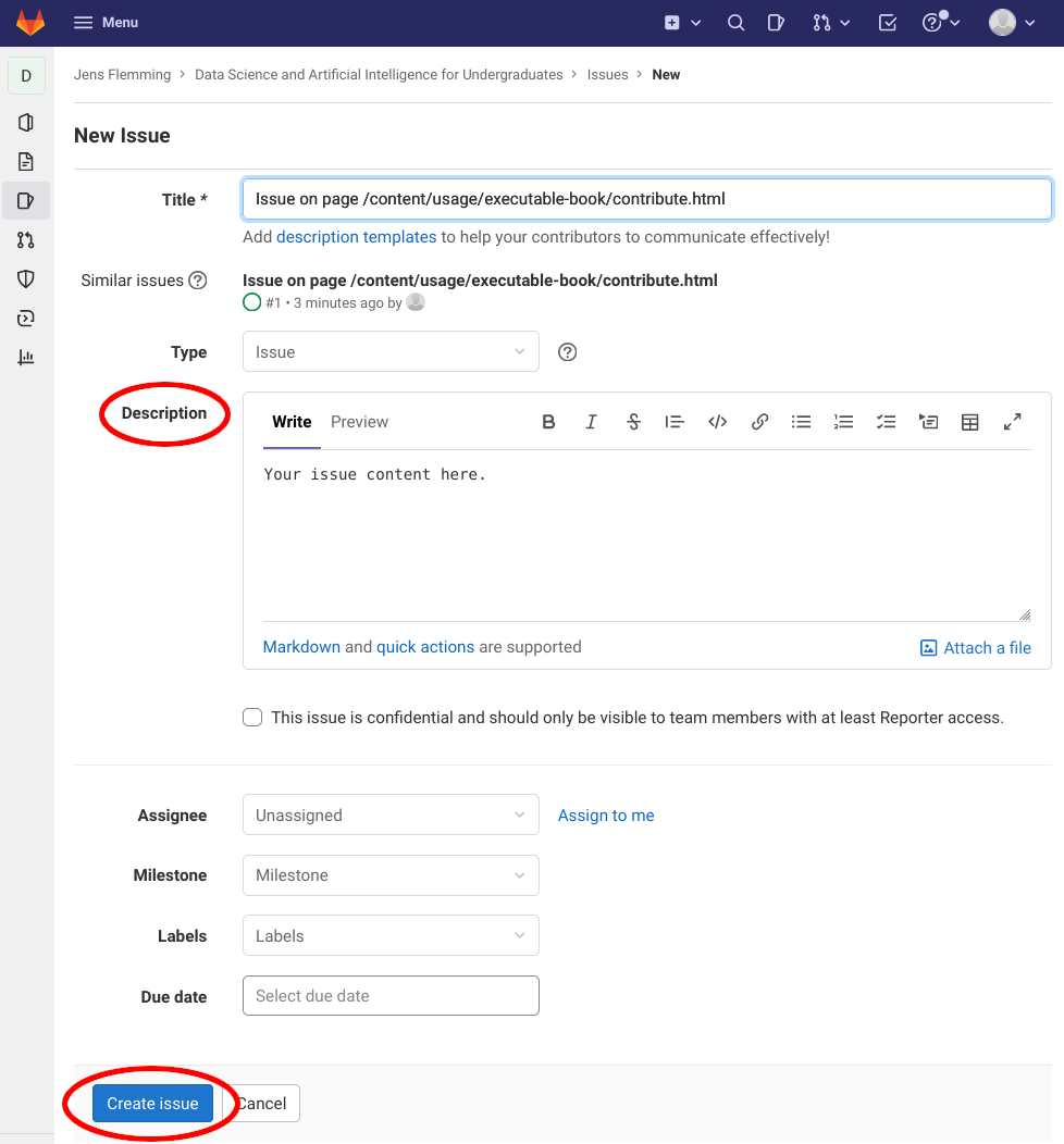 screenshot of the book's GitLab page for opening an issue with highlighted description field and highlighted 'Create issue' button