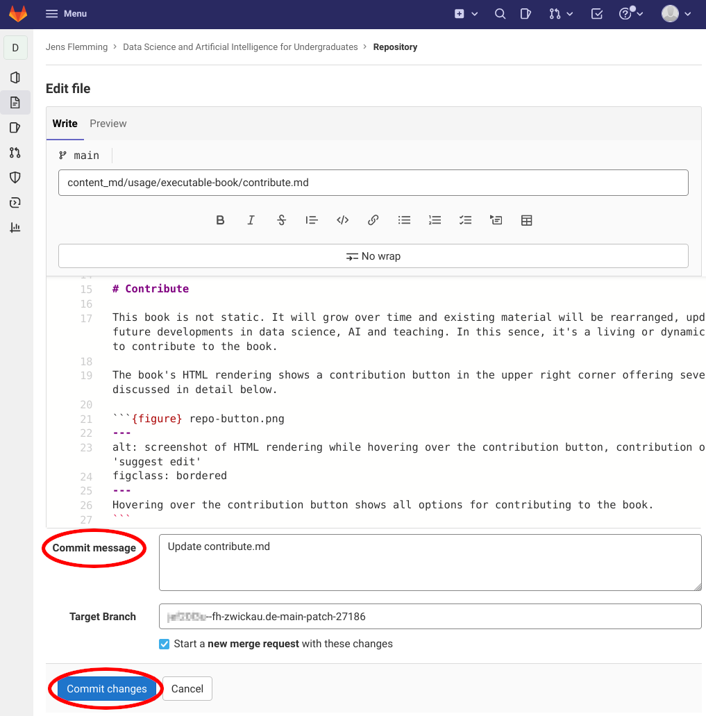 screenshot of the book's GitLab page for editing a file with highlighted 'Commit message' field and highlighted 'Commit changes' button