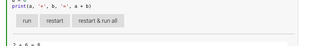 screenshot of HTML rendering after lauching Live Code, the code cell now has buttons for controlling code execution