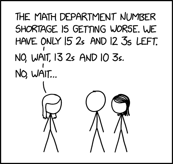 Drei Personen sprechen diskutieren: "The math department number shortage is getting worse. We have only 15 2s and 12 3s left. No, wait, 13 2s and 10 3s. No, wait..."